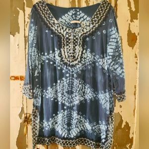 SOFT SURROUNDINGS LARGE TUNIC NAVY W/GOLD THREAD APPLIQUE